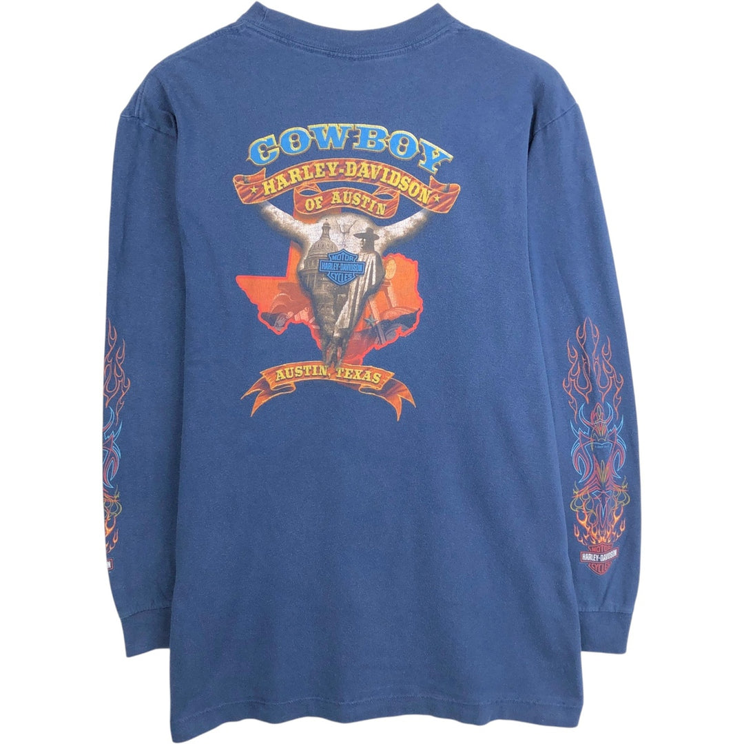 Harley-Davidson Fire Pattern Motorcycle Long Sleeve T-Shirt, Men's Size L cotton navy blue type Vintage Second Hand