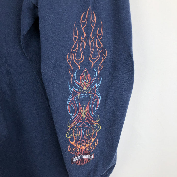 Harley-Davidson Fire Pattern Motorcycle Long Sleeve T-Shirt, Men's Size L cotton navy blue type Vintage Second Hand