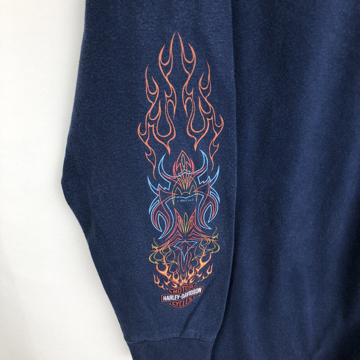 Harley-Davidson Fire Pattern Motorcycle Long Sleeve T-Shirt, Men's Size L cotton navy blue type Vintage Second Hand
