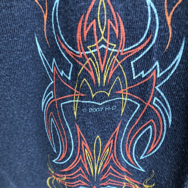 Harley-Davidson Fire Pattern Motorcycle Long Sleeve T-Shirt, Men's Size L cotton navy blue type Vintage Second Hand