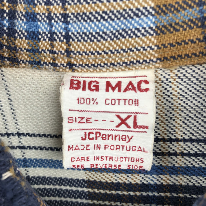 70'S Big Mac JCPenney Long-Sleeve Flannel Check Shirt, Men's Size XL (Equivalent), Vintage cotton navy blue type Vintage Second Hand