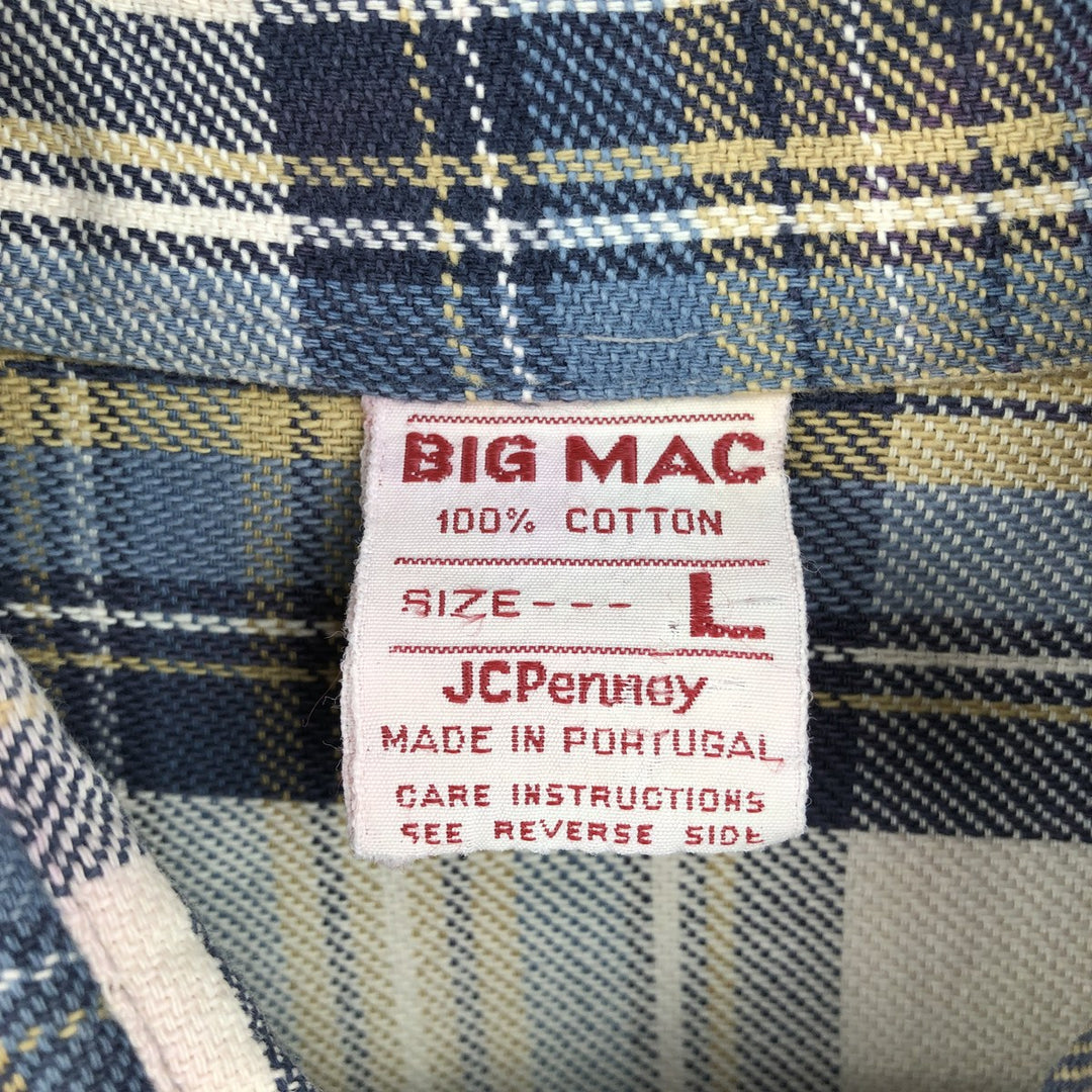70'S Big Mac JCPenney Long-Sleeve Flannel Check Shirt, Men's Size L (Equivalent), Vintage cotton blue type Vintage Second Hand