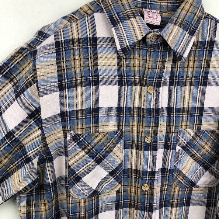 70'S Big Mac JCPenney Long-Sleeve Flannel Check Shirt, Men's Size L (Equivalent), Vintage cotton blue type Vintage Second Hand