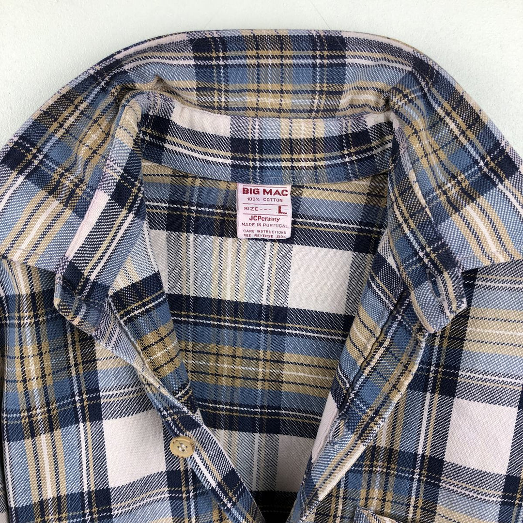70'S Big Mac JCPenney Long-Sleeve Flannel Check Shirt, Men's Size L (Equivalent), Vintage cotton blue type Vintage Second Hand