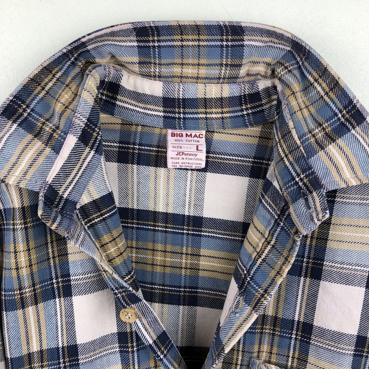 70'S Big Mac JCPenney Long-Sleeve Flannel Check Shirt, Men's Size L (Equivalent), Vintage cotton blue type Vintage Second Hand