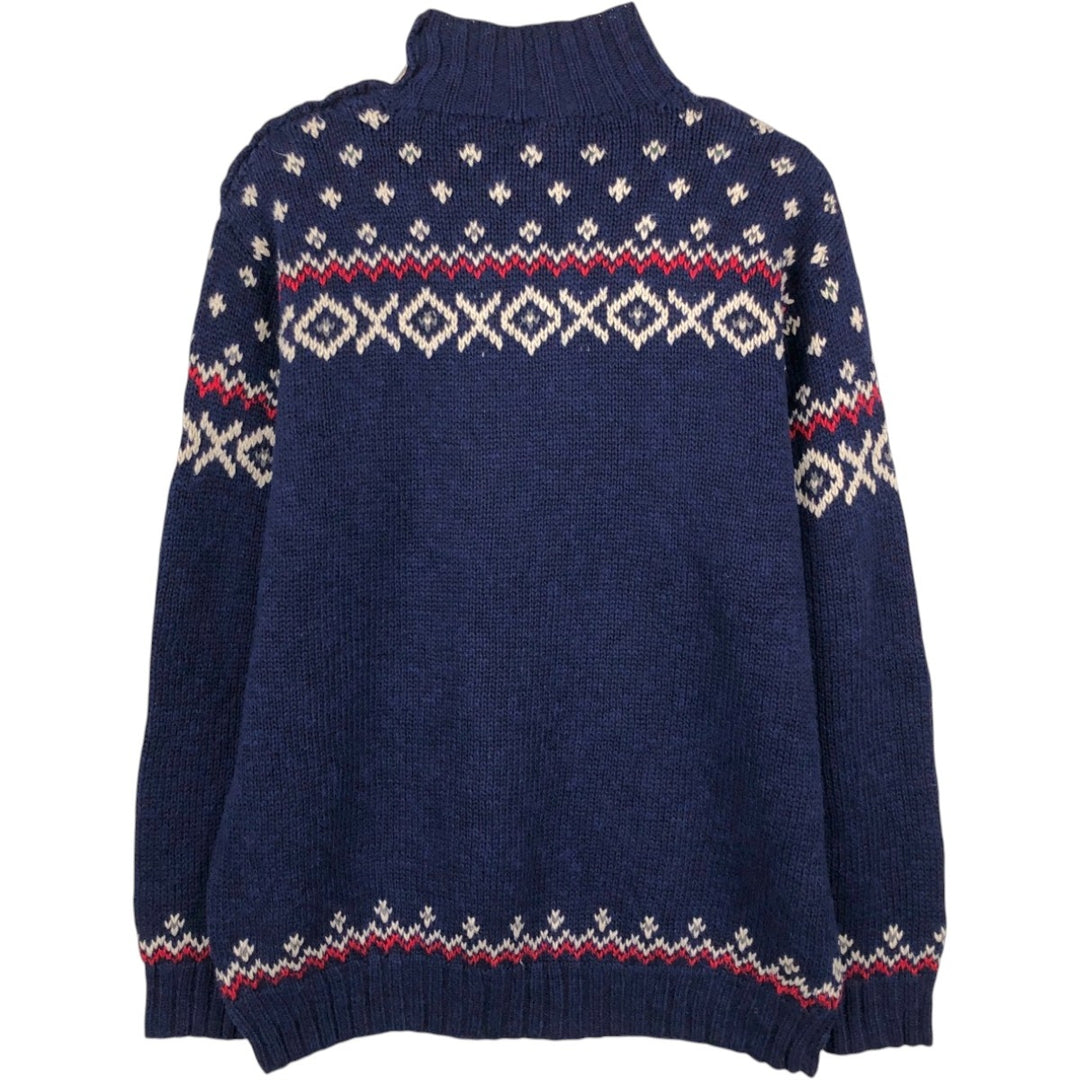 Ralph Lauren LAUREN All-over Ski Pattern High Neck Shoulder Button Linen Knit Sweater Women's Size M (approx.) linen navy blue type Vintage Second Hand