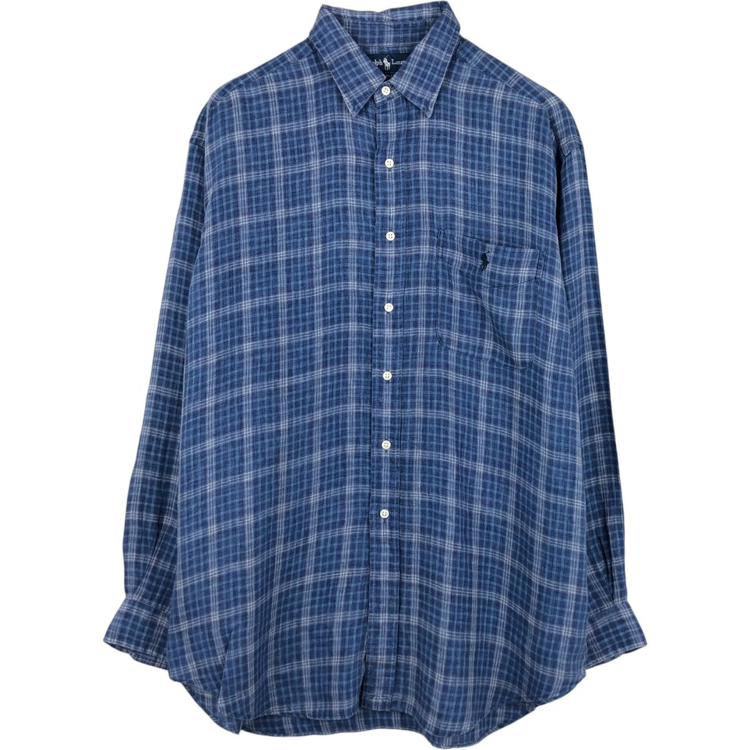 Ralph Lauren BLAKE Check Pattern Long-Sleeve Linen Shirt, Men's Size L (approx.) linen blue type Vintage Second Hand