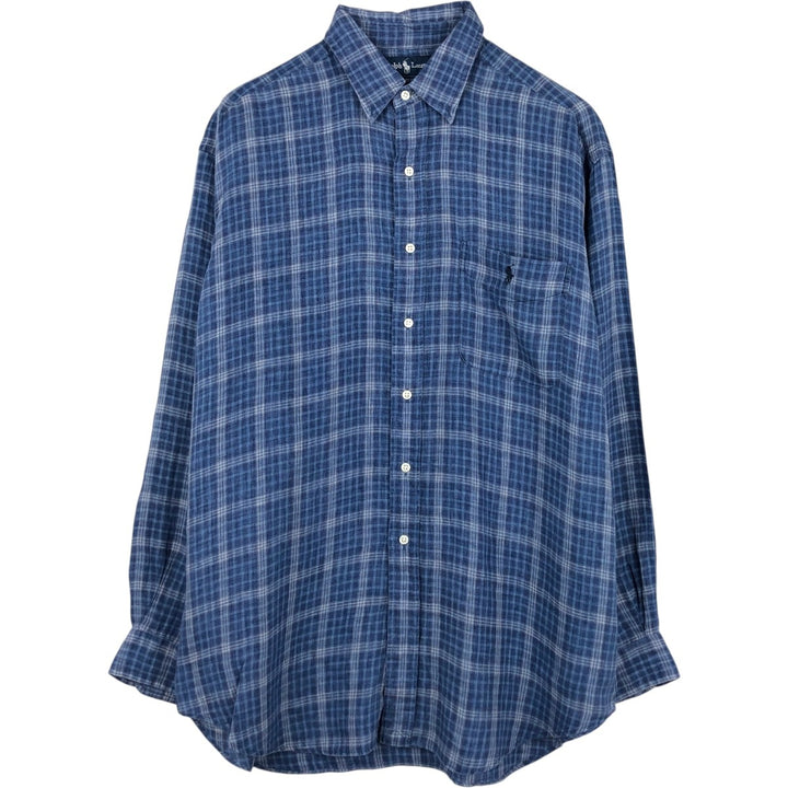 Ralph Lauren BLAKE Check Pattern Long-Sleeve Linen Shirt, Men's Size L (approx.) linen blue type Vintage Second Hand