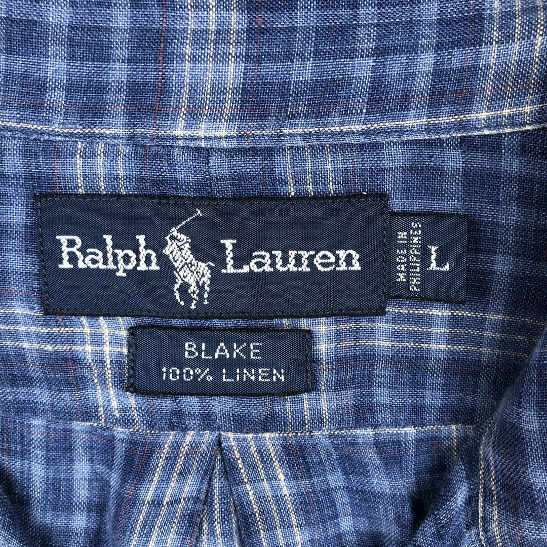 Ralph Lauren BLAKE Check Pattern Long-Sleeve Linen Shirt, Men's Size L (approx.) linen blue type Vintage Second Hand