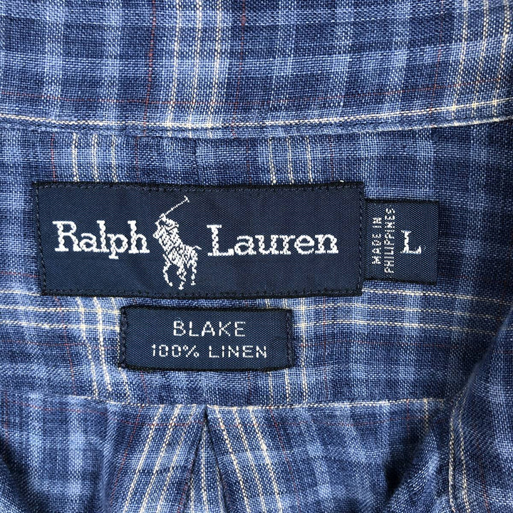 Ralph Lauren BLAKE Check Pattern Long-Sleeve Linen Shirt, Men's Size L (approx.) linen blue type Vintage Second Hand