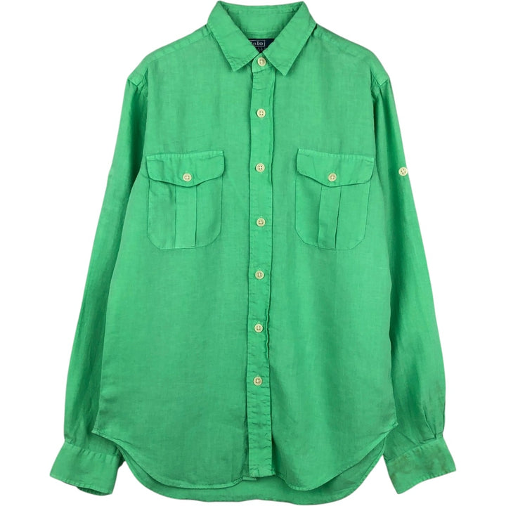Ralph Lauren long-sleeved linen shirt, men's size S (approx.) linen Mint green Vintage Second Hand
