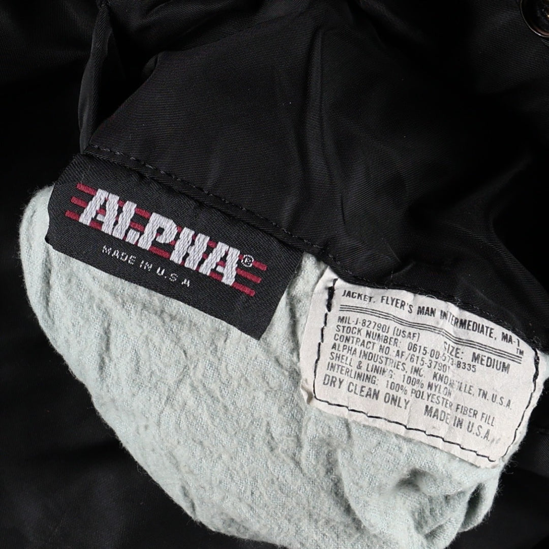 Civilian-made 1990'S Alpha Industries MA-1 type padded military flight jacket, made in the USA, size MEDIUM (equivalent to men's M). Nylon black type Vintage Second Hand