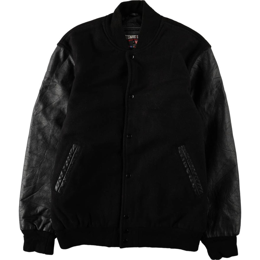 STEWART & STRAUSS Padded Leather Sleeve Wool Button Varsity Jacket, Men's Size XL wool black type Vintage Second Hand