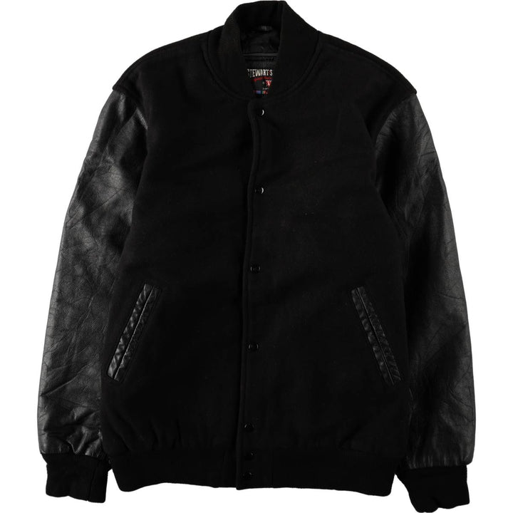 STEWART & STRAUSS Padded Leather Sleeve Wool Button Varsity Jacket, Men's Size XL wool black type Vintage Second Hand