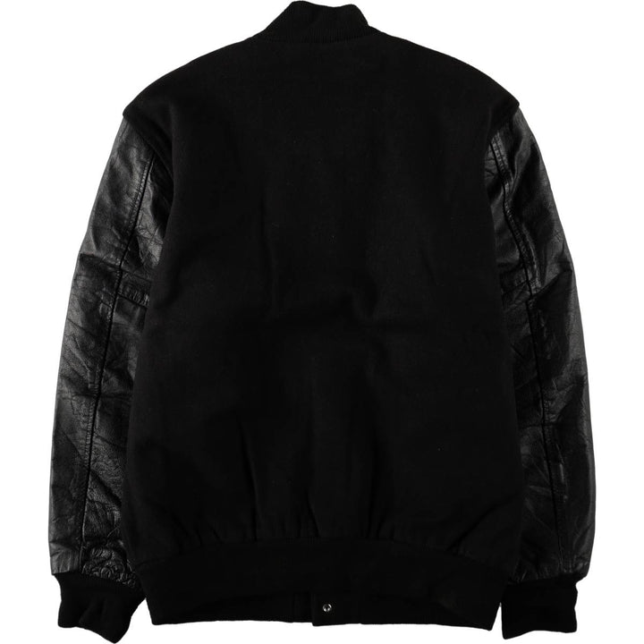 STEWART & STRAUSS Padded Leather Sleeve Wool Button Varsity Jacket, Men's Size XL wool black type Vintage Second Hand