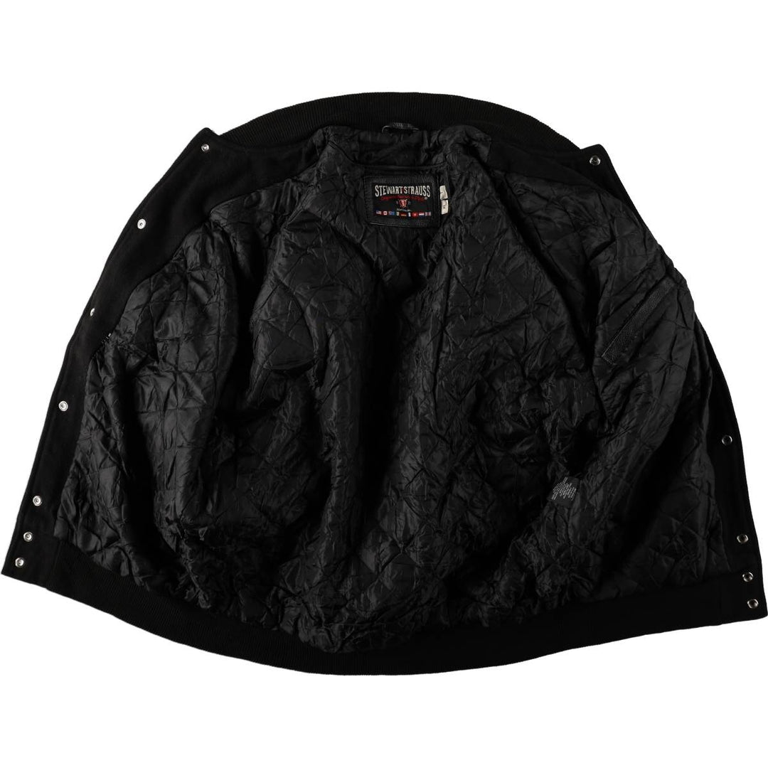 STEWART & STRAUSS Padded Leather Sleeve Wool Button Varsity Jacket, Men's Size XL wool black type Vintage Second Hand