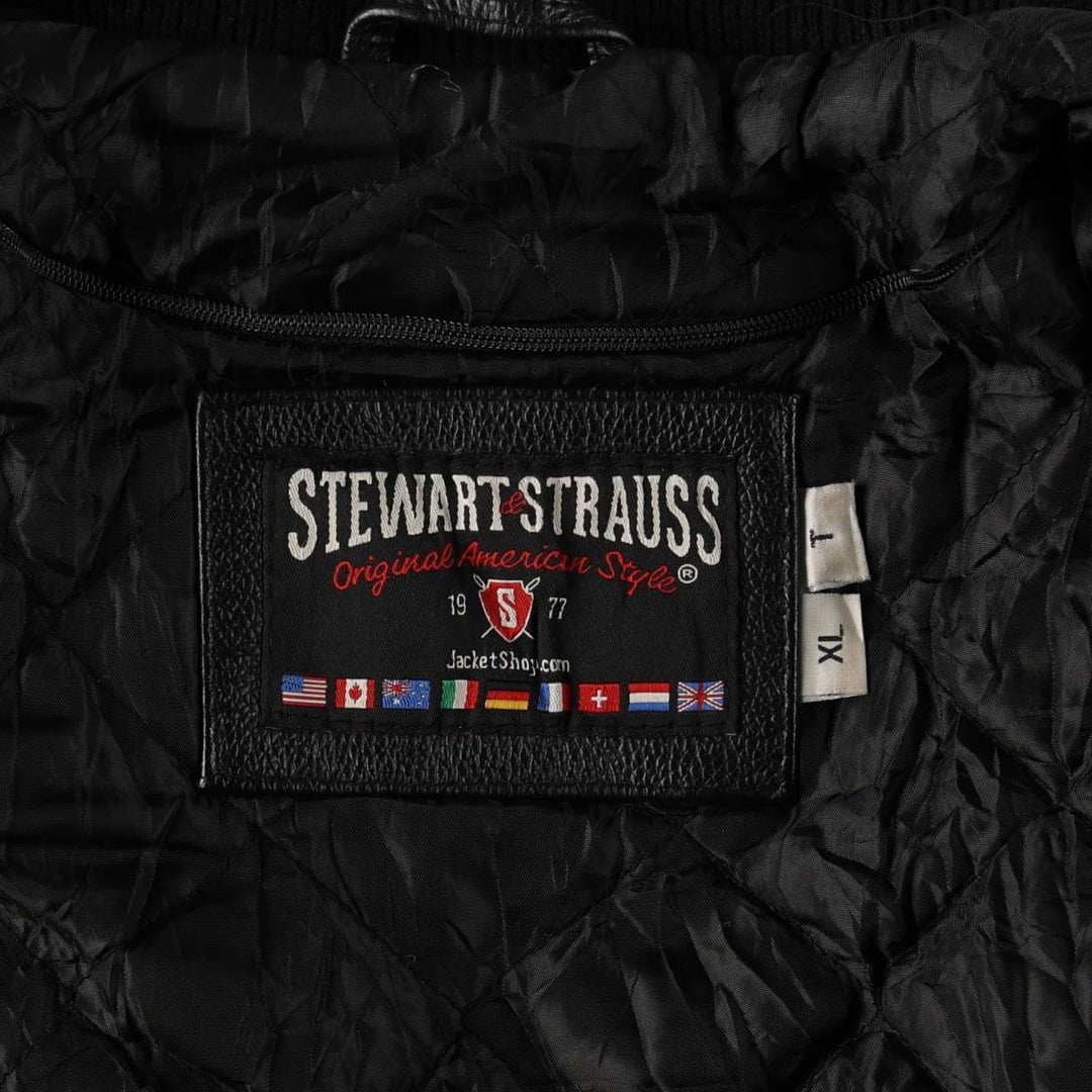STEWART & STRAUSS Padded Leather Sleeve Wool Button Varsity Jacket, Men's Size XL wool black type Vintage Second Hand
