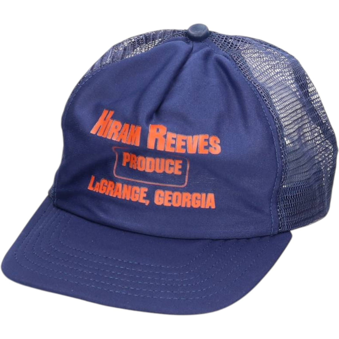 70s-80'S DG SPORTSWEAR HIRAM REEVES PRODUCE Mesh Trucker Cap, Made in USA, One Size Fits Most unclear navy blue type Vintage Second Hand