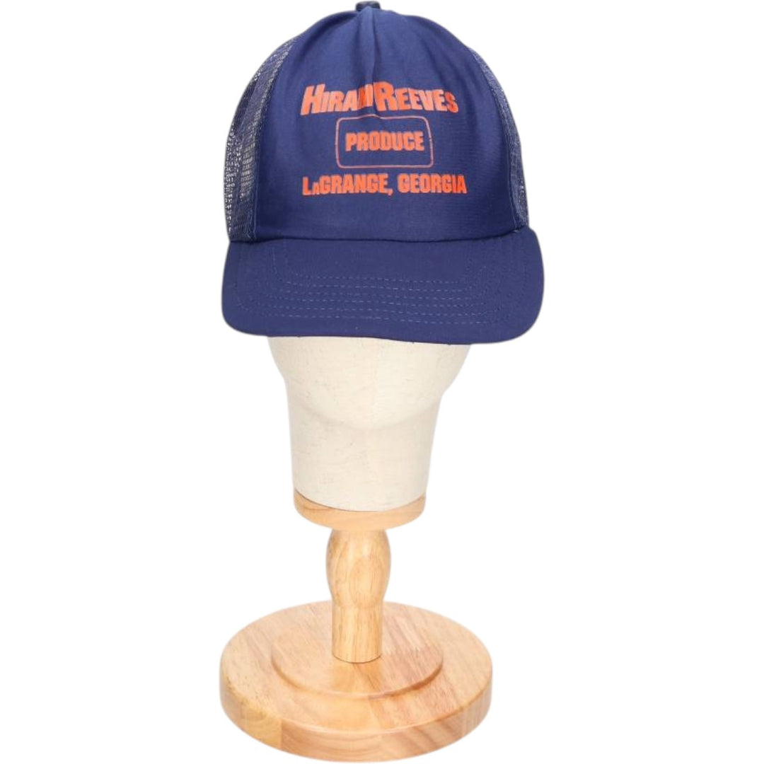 70s-80'S DG SPORTSWEAR HIRAM REEVES PRODUCE Mesh Trucker Cap, Made in USA, One Size Fits Most unclear navy blue type Vintage Second Hand