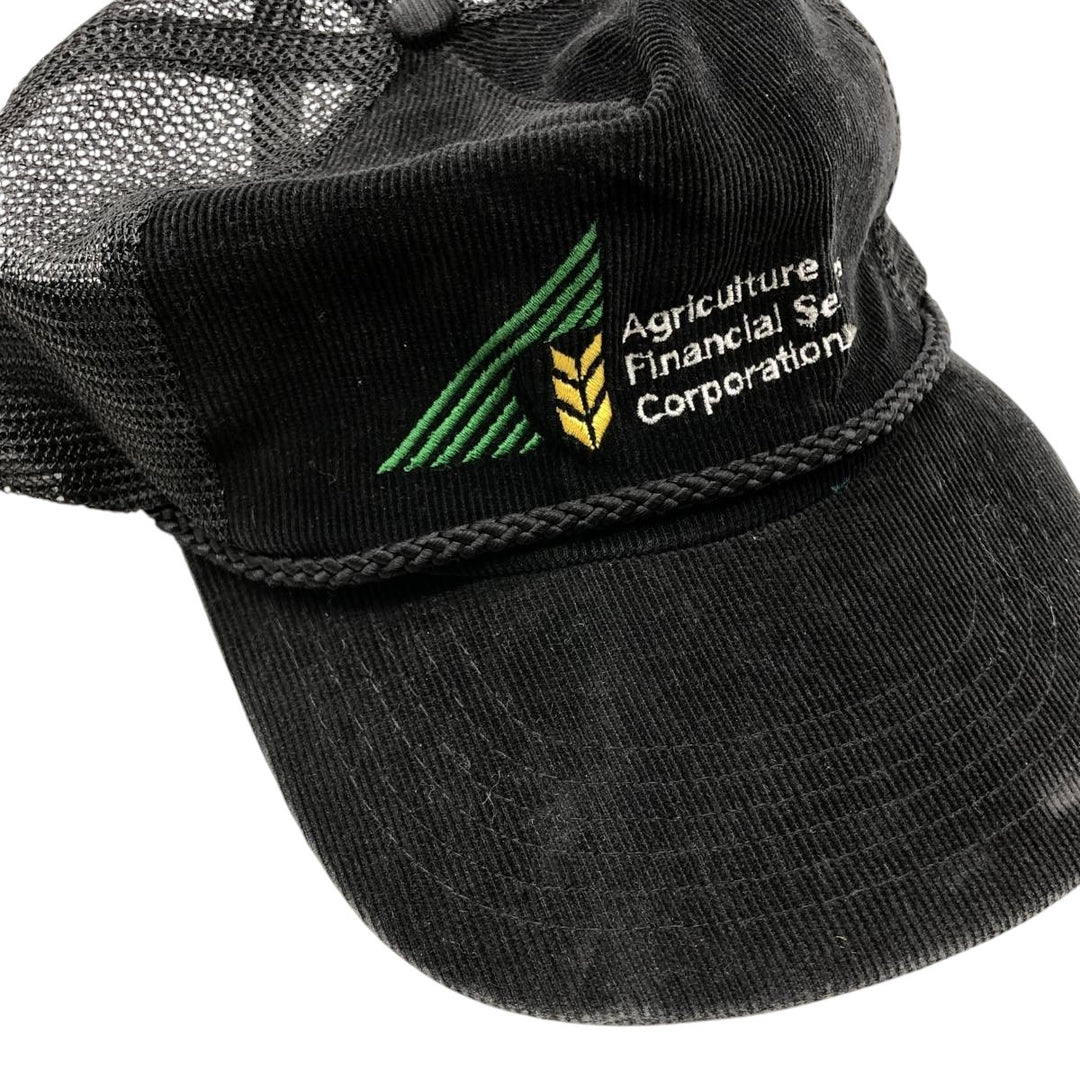 ~1990'S AJM Agriculture Financial Services Corporation Corduroy Mesh Cap, One Size Fits All cotton black type Vintage Second Hand