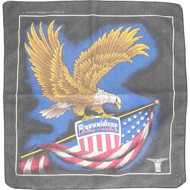 Vintage 80s-90'S Eagle Pattern Stars and Stripes Bandana, Made in USA cotton Charcoal Vintage Second Hand
