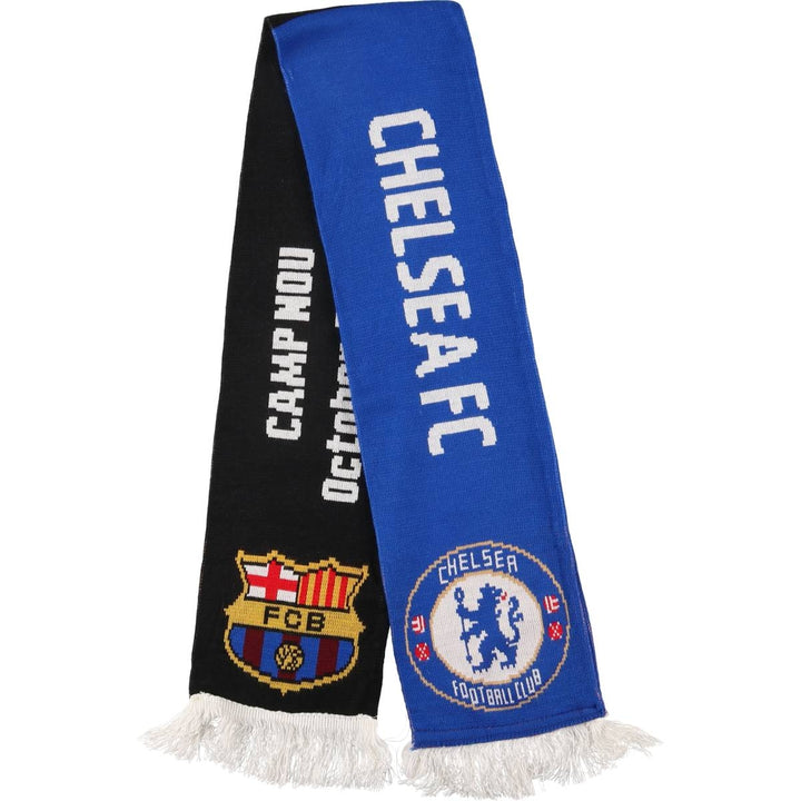 Champions League, La Liga, FC Barcelona, Premier League, Chelsea FC, all-over print soccer scarf, made in the UK acrylic blue type Vintage Second Hand