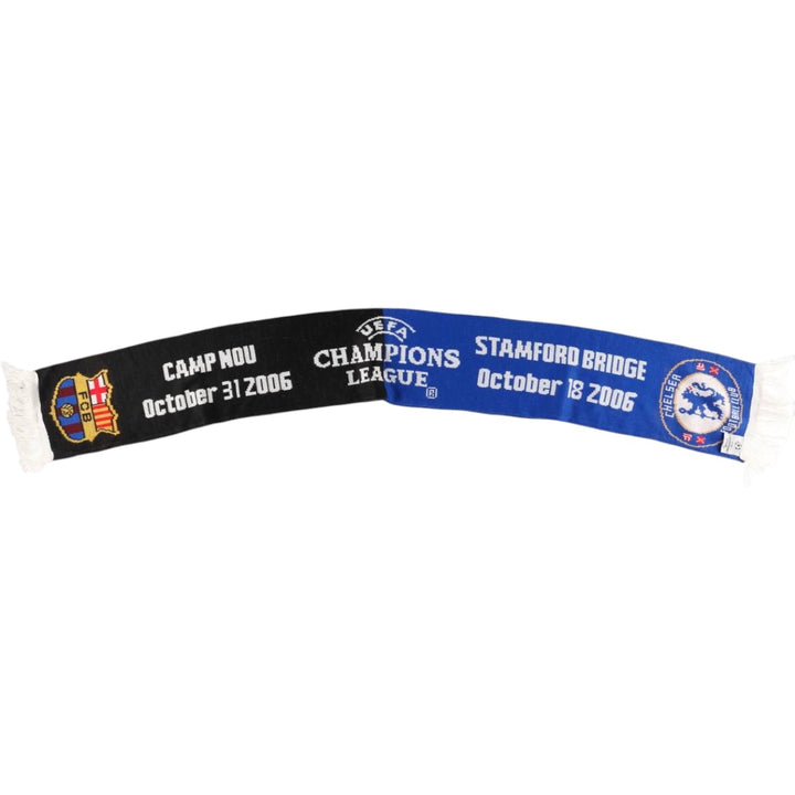 Champions League, La Liga, FC Barcelona, Premier League, Chelsea FC, all-over print soccer scarf, made in the UK acrylic blue type Vintage Second Hand