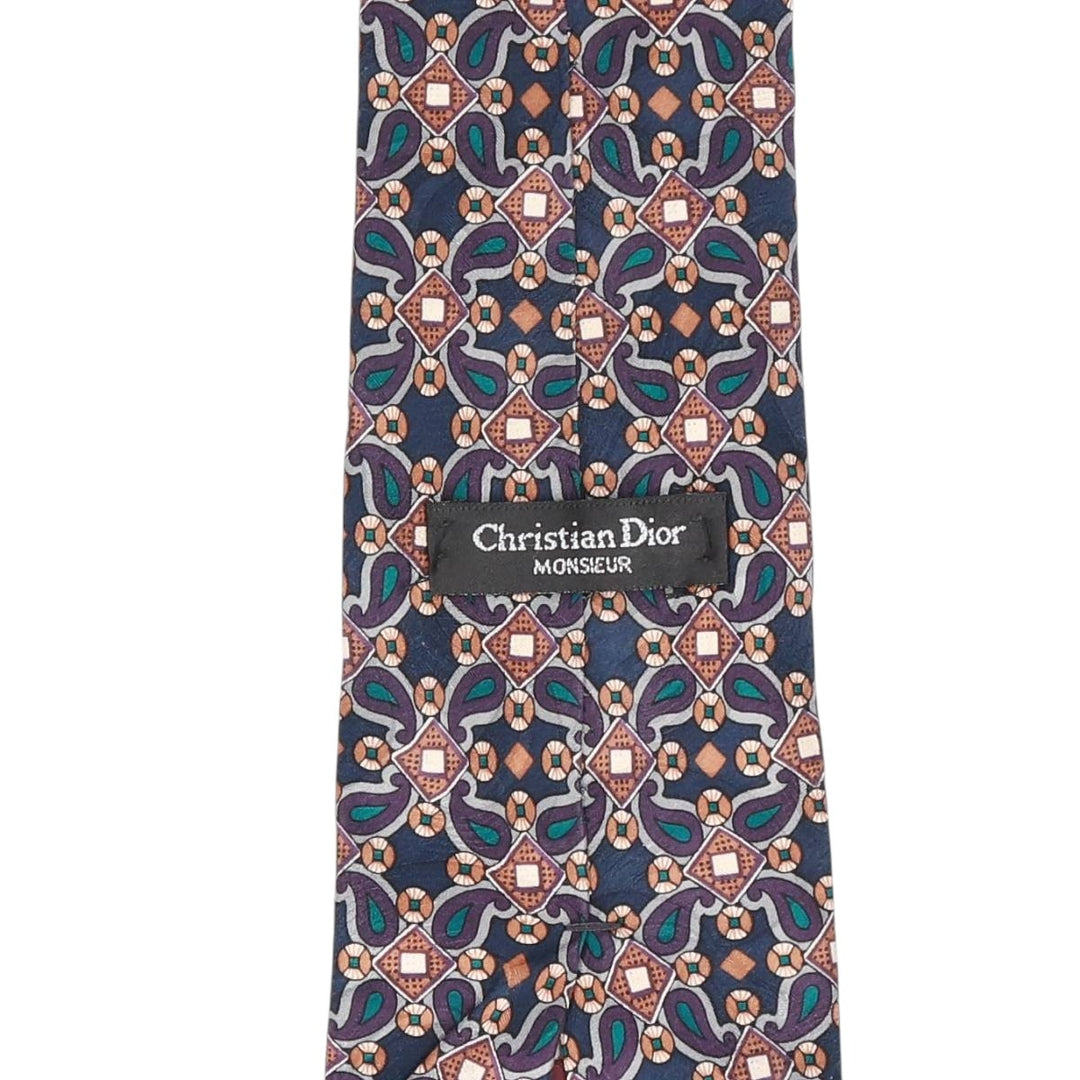 Christian Dior MONSIEUR all-over print tie, made in the USA silk navy blue type Vintage Second Hand