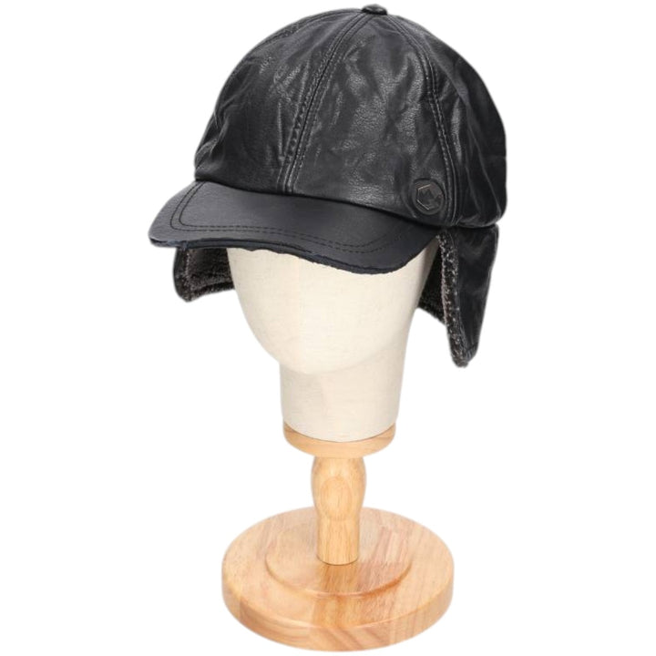 Earflap faux leather cap, one size fits most unclear black type Vintage Second Hand