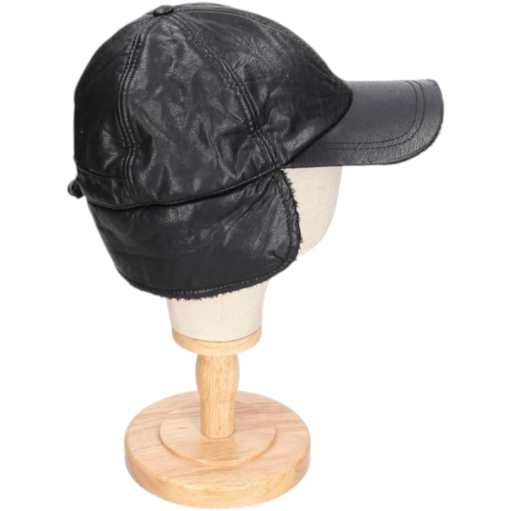 Earflap faux leather cap, one size fits most unclear black type Vintage Second Hand