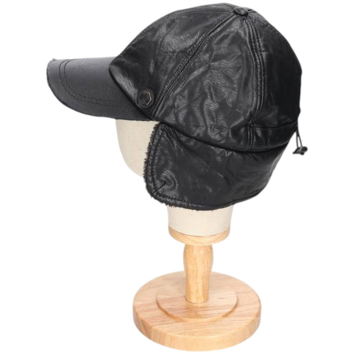 Earflap faux leather cap, one size fits most unclear black type Vintage Second Hand