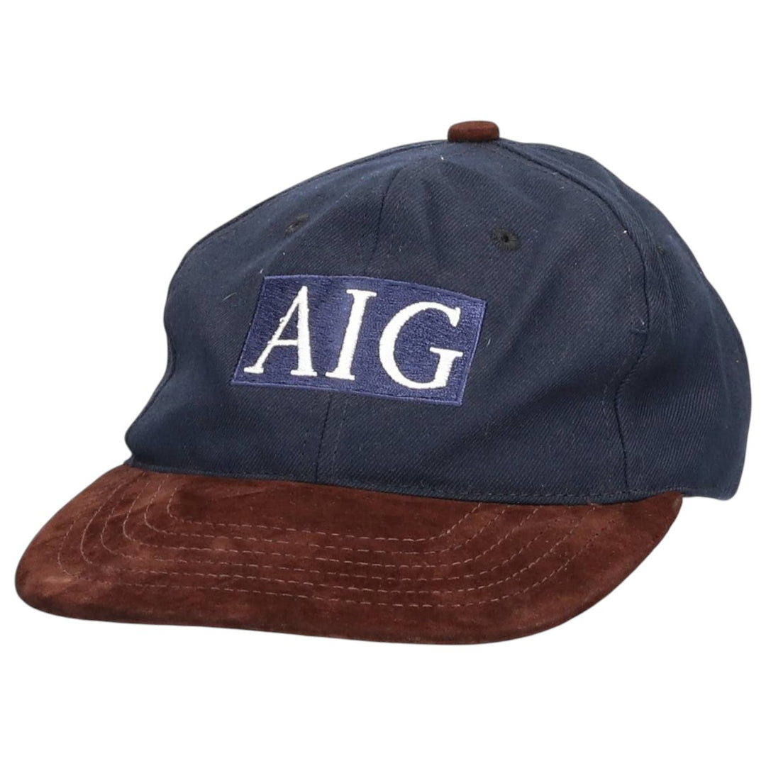 90'S AIG Two-Tone Leather Brim Suede Advertising Baseball Cap, Made in USA, One Size Fits Most unclear navy blue type Vintage Second Hand