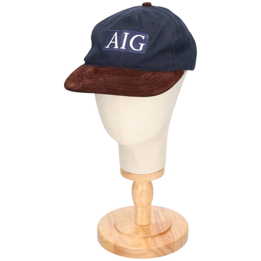 90'S AIG Two-Tone Leather Brim Suede Advertising Baseball Cap, Made in USA, One Size Fits Most unclear navy blue type Vintage Second Hand