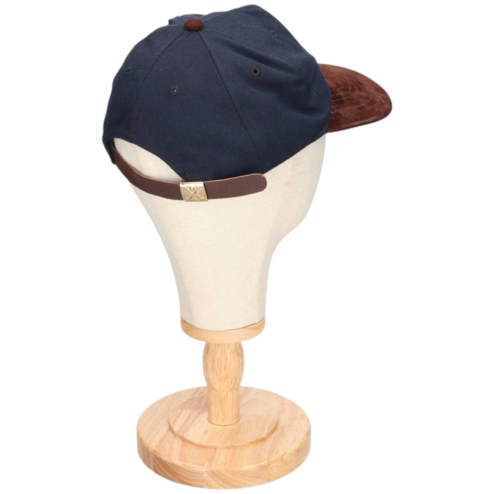 90'S AIG Two-Tone Leather Brim Suede Advertising Baseball Cap, Made in USA, One Size Fits Most unclear navy blue type Vintage Second Hand