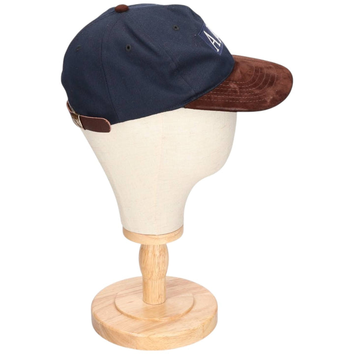 90'S AIG Two-Tone Leather Brim Suede Advertising Baseball Cap, Made in USA, One Size Fits Most unclear navy blue type Vintage Second Hand