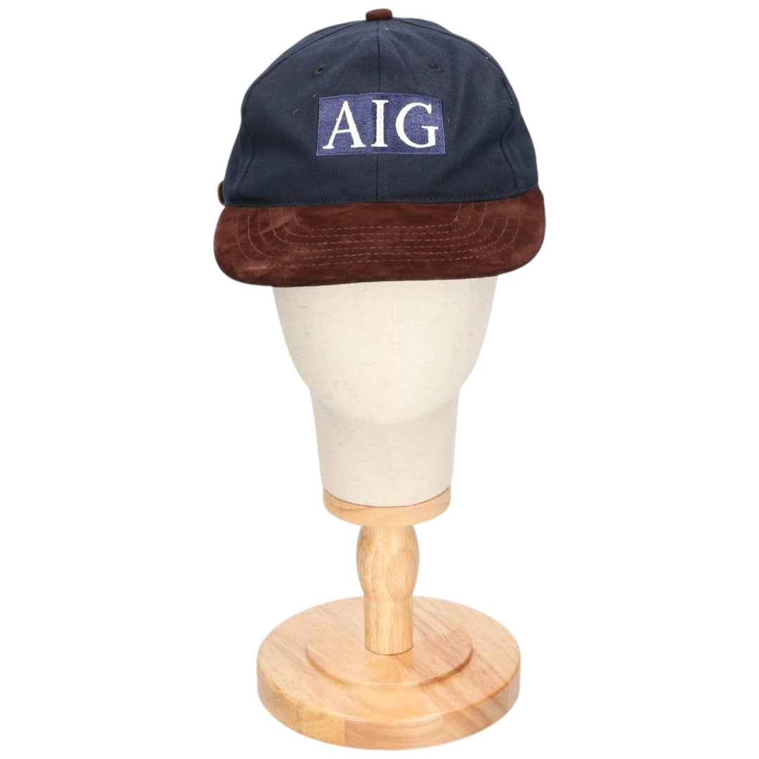 90'S AIG Two-Tone Leather Brim Suede Advertising Baseball Cap, Made in USA, One Size Fits Most unclear navy blue type Vintage Second Hand