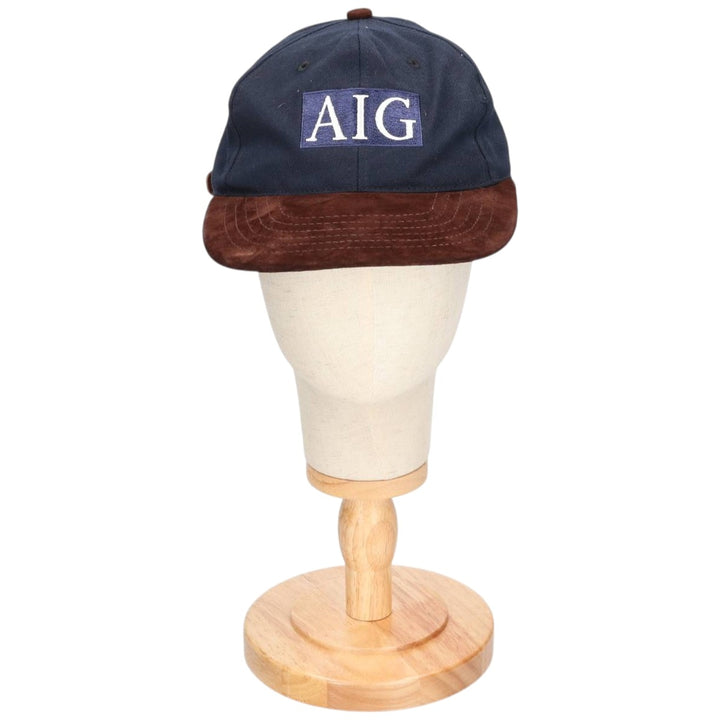 90'S AIG Two-Tone Leather Brim Suede Advertising Baseball Cap, Made in USA, One Size Fits Most unclear navy blue type Vintage Second Hand