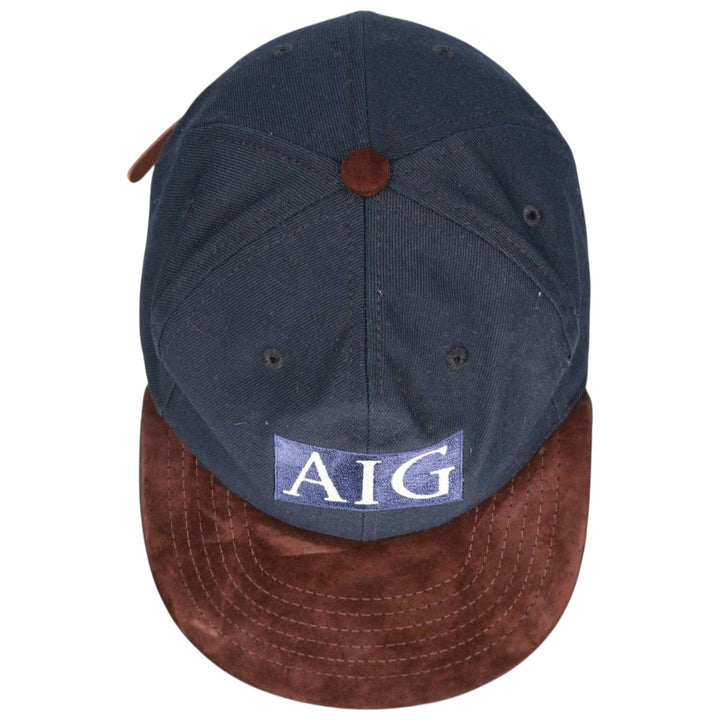 90'S AIG Two-Tone Leather Brim Suede Advertising Baseball Cap, Made in USA, One Size Fits Most unclear navy blue type Vintage Second Hand