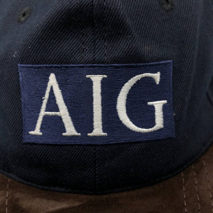 90'S AIG Two-Tone Leather Brim Suede Advertising Baseball Cap, Made in USA, One Size Fits Most unclear navy blue type Vintage Second Hand