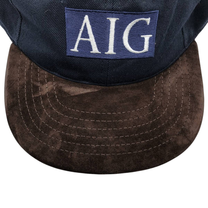 90'S AIG Two-Tone Leather Brim Suede Advertising Baseball Cap, Made in USA, One Size Fits Most unclear navy blue type Vintage Second Hand