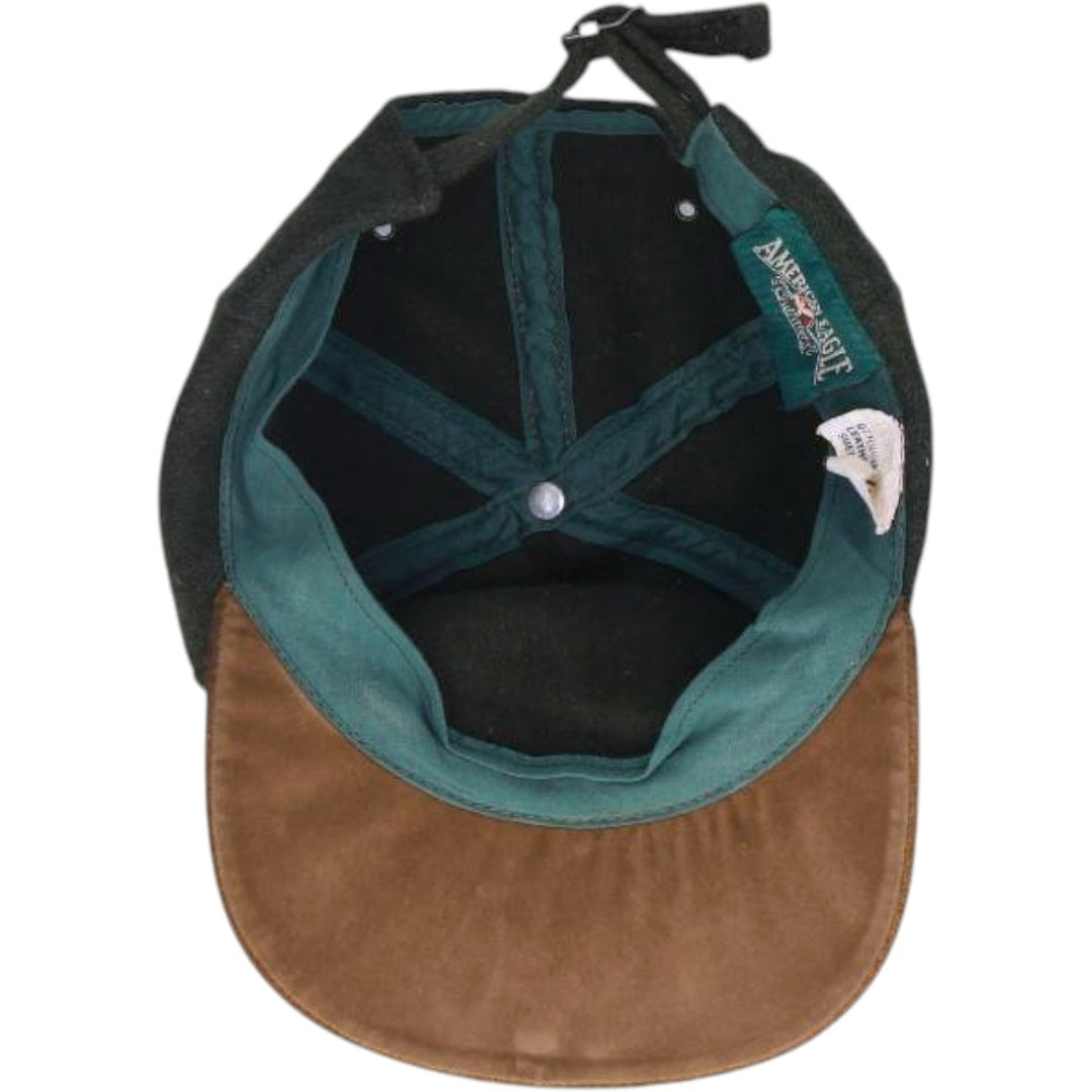 Vintage 90'S American Eagle suede two-tone leather brim wool 6-panel cap, one size fits most. genuine leather Green type dark green Vintage Second Hand