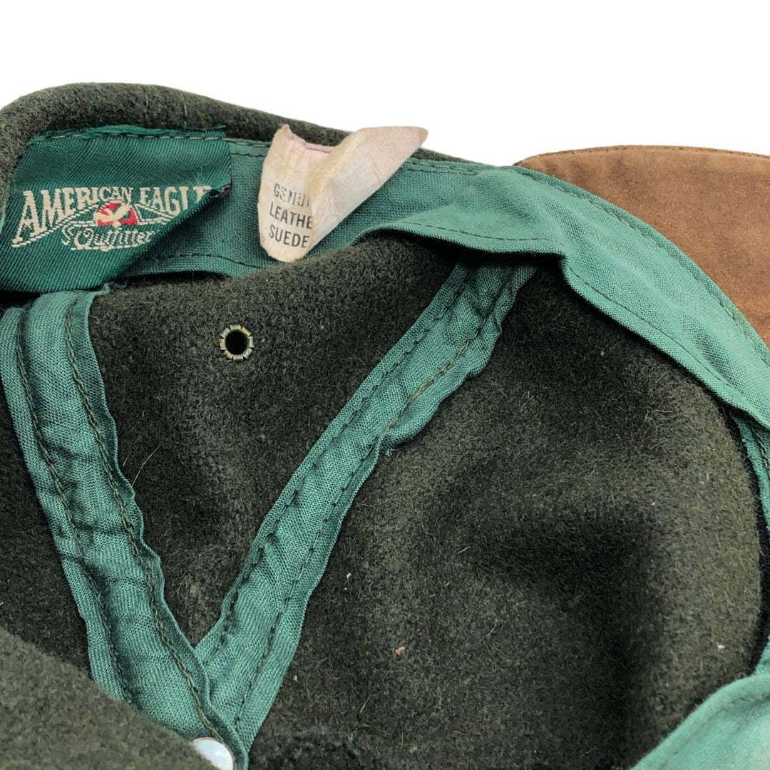Vintage 90'S American Eagle suede two-tone leather brim wool 6-panel cap, one size fits most. genuine leather Green type dark green Vintage Second Hand