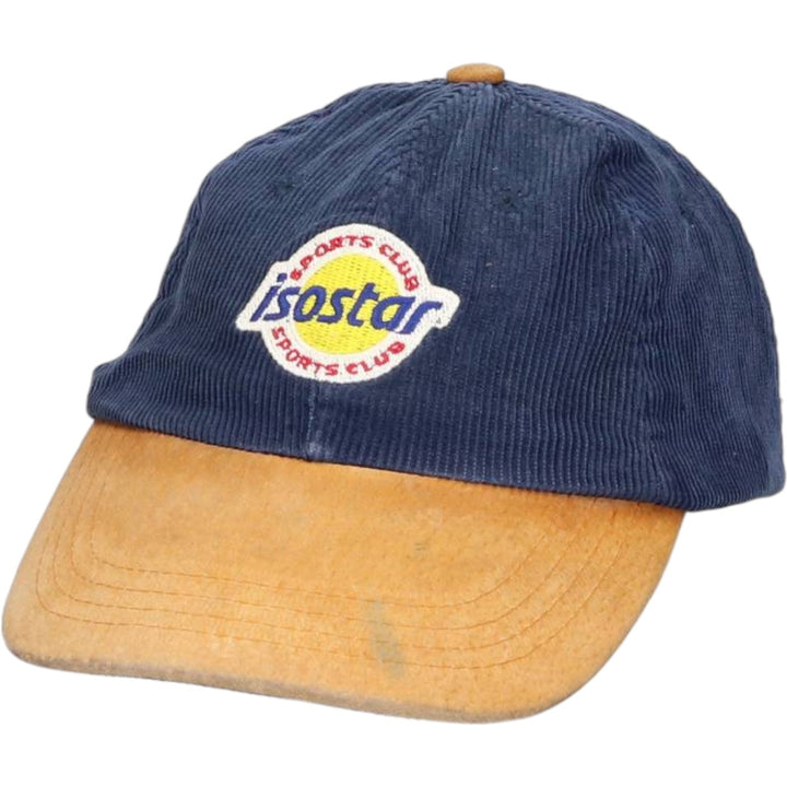 90'S ISOSTAR SPORTS CLUB Two-Tone Leather Brim Corduroy Cap, Free Size, Vintage cotton navy blue type Vintage Second Hand
