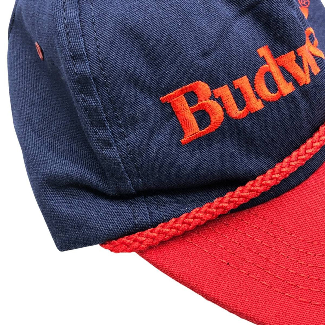 90'S Budweiser Two-Tone Advertising Baseball Cap, Made in USA, One Size Fits All, Vintage unclear red type Vintage Second Hand