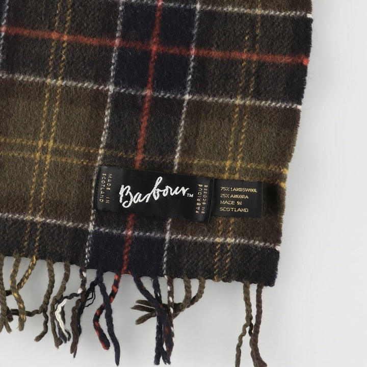 Barbour Check Pattern Wool Scarf Lamb wool Khaki type Vintage Second Hand