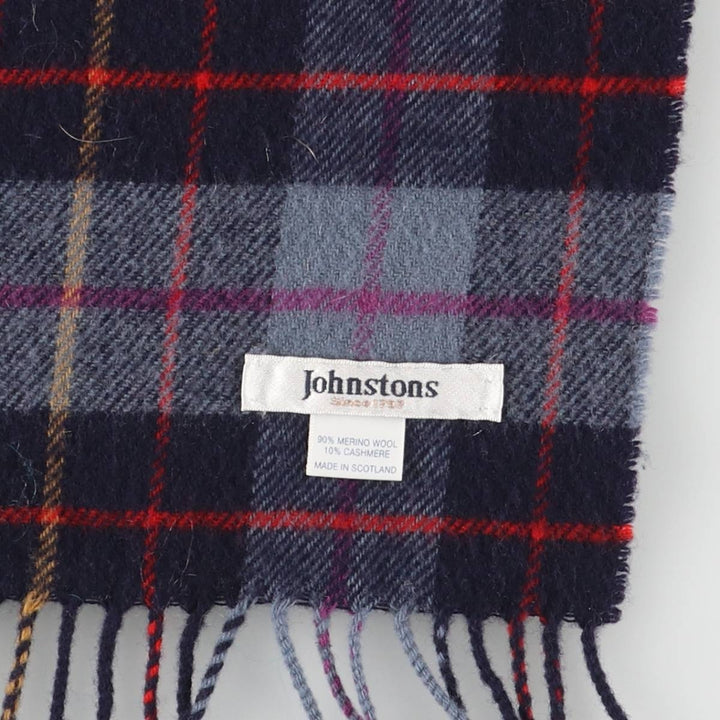 Johnstons Check Pattern Cashmere Blend Wool Scarf Merino wool navy blue type Vintage Second Hand