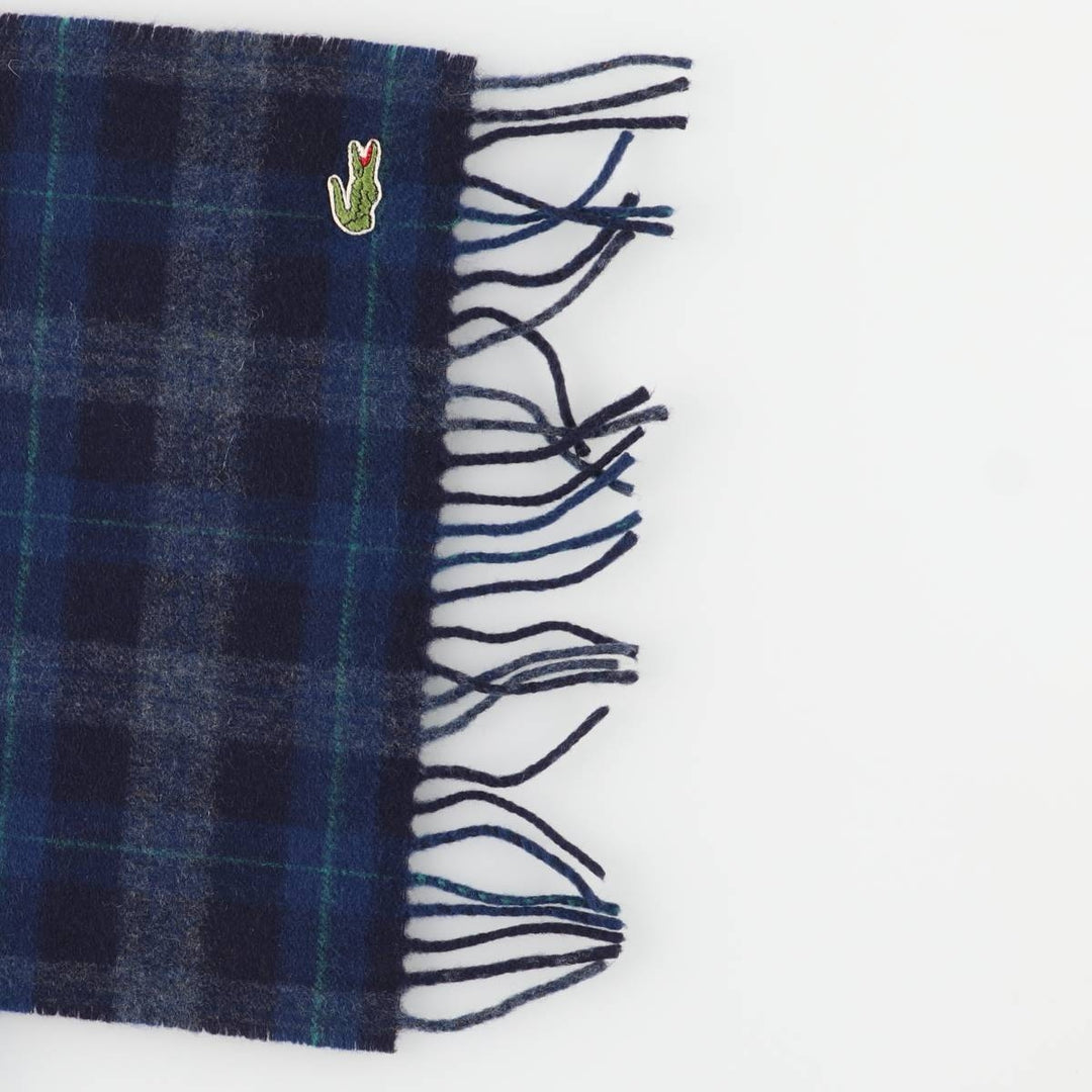 Vintage 80s-90'S Lacoste Chemise Check Pattern Wool Scarf wool navy blue type Vintage Second Hand