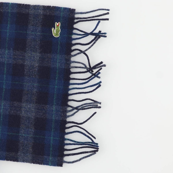 Vintage 80s-90'S Lacoste Chemise Check Pattern Wool Scarf wool navy blue type Vintage Second Hand