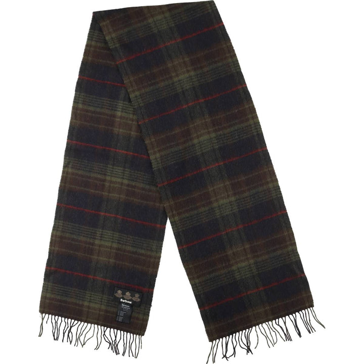 Barbour Check Pattern Wool Scarf, Made in England wool Khaki type sage green Vintage Second Hand