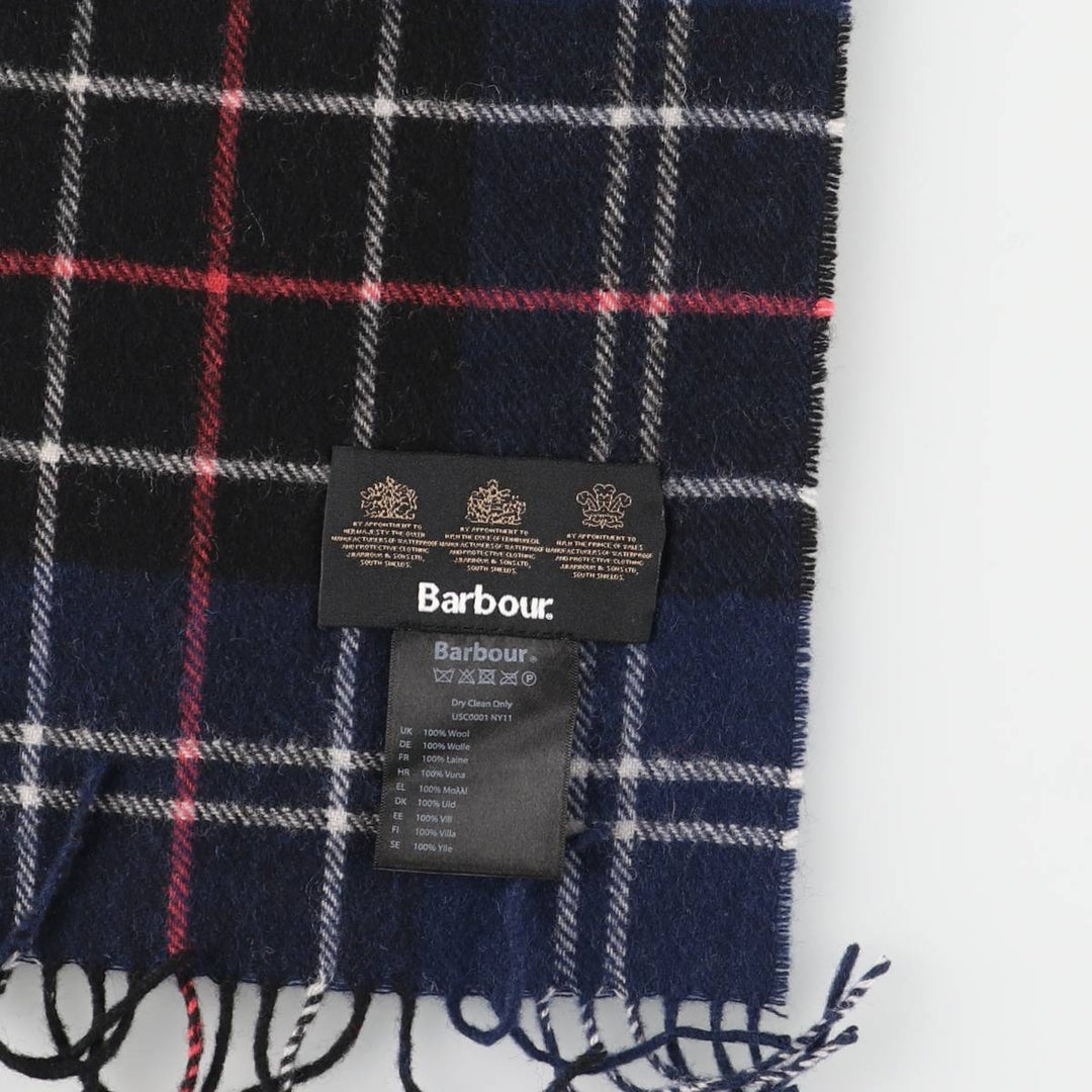 Barbour Tartan Check Wool Scarf, Made in England wool navy blue type Vintage Second Hand